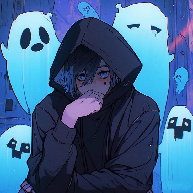 an anime character is sitting in front of some ghost like figures with their hands on their chins