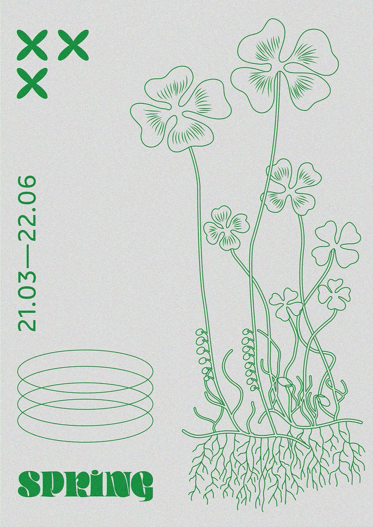 an advertisement for spring with flowers and plants in green ink on a light gray background