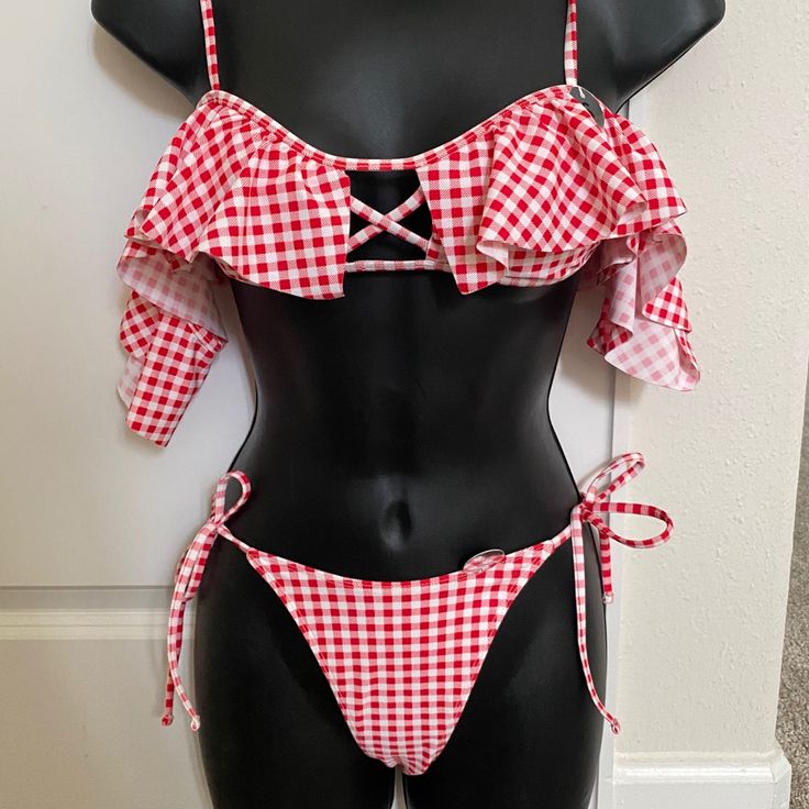 Red & White Gingham Ruffle Trim Bardot Bikini. Forever 21 Brand. Size Small. New With Tags. Adjustable Straps On The Top String Tie Bottoms. X Detail In The Center Of Top. Cute Off The Shoulder Bardot Sleeves. Last Picture Is An Example Of The Print. Summer Gingham Swimwear With Tie-side Bottom, Summer Gingham Swimwear With Ruffles, Summer Gingham Tie-side Swimwear, Gingham Swimwear With Ruffles For Poolside, Gingham Ruffled Swimwear For Poolside, Fitted Gingham Swimwear With Tie-side Bottom, Gingham Fitted Tie-side Swimwear, Fitted Gingham Tie-side Swimwear, Gingham Swimwear For Summer Beach Party