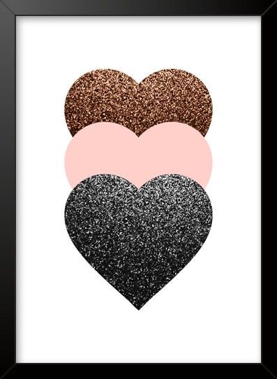 three hearts in different colors on a white background with black and pink accents, framed