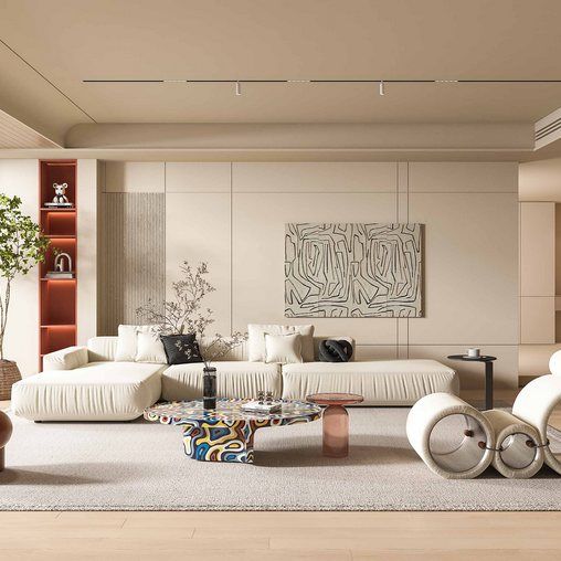 a living room filled with lots of white furniture