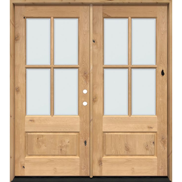 a pair of double doors with glass panels on the front and back sides, both in light wood