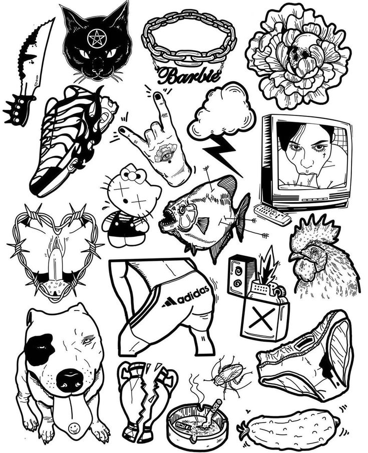 black and white drawing of many different things