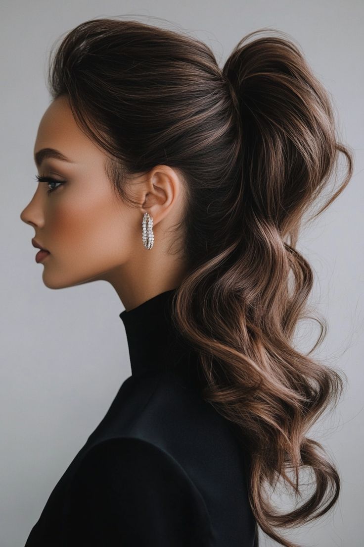 Discover the perfect ponytail hairstyles for any event, whether it's a casual outing or a special occasion like a wedding. From chic styles with bangs to intricate braided looks, there's a ponytail to suit every preference. Explore various styling options to effortlessly enhance your outfit and mood - from relaxed low ponies to sophisticated braids that add an elegant touch of glamour to your ensemble. Big Low Ponytail, Ponytail Event Hair, Updo For Party, Soft Ponytail Hairstyles Wedding, Hairstyle Tail Elegant, Party Hairstyles Ponytail, Loose High Ponytail Hairstyles, Classy High Ponytail Hairstyles, Elegant Wedding Ponytail