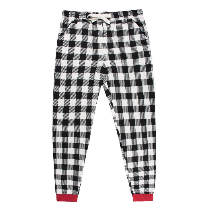 Now your whole family can match with holiday pajamas! Super soft pajamas for mom are just the thing for sleeping or staying comfy around the house. The classic black and white checker pattern features red trim for a splash of holiday color. Tapered pant legs and a comfort-stretch waist with drawstring keep mom cozy and warm all season. The partial button-down top matches the pants to complete the look. These Christmas pajamas are just what the season calls for! This is part of a matching family Black Cotton Loungewear Sleepwear, Casual Black Sleepwear For Sleepovers, Cozy Plaid Sleepwear For Loungewear, Cozy Plaid Sleepwear Loungewear, Comfortable Black Cotton Sleepwear, Black Relaxed Fit Sleepwear For Lounging, Black Relaxed Fit Sleepwear, Black Long Pants Sleepwear, Black Relaxed Fit Sleepwear For Pajama Party