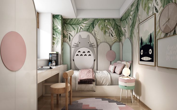 a bedroom decorated in pastel colors with totoro wallpaper and art on the walls