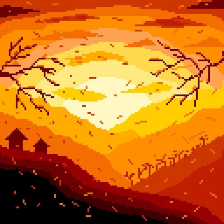 an orange and yellow background with trees in the foreground