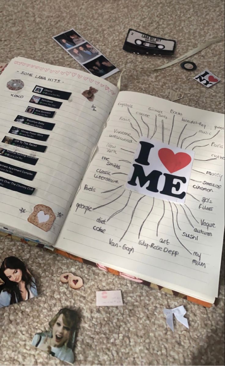 an open notebook with stickers and pictures on the pages that say i love me