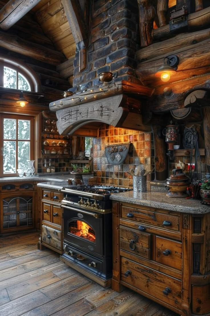 a rustic kitchen with an oven and stove