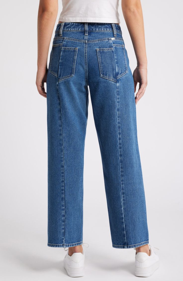 Take it easy in relaxed straight-leg jeans featuring asymmetric seams and made from nonstretch denim for an authentic look. 29" inseam; 17 1/2" leg opening; 10 3/4" front rise; 15 1/2" back rise Zip fly with button closure Five-pocket style 85% cotton, 15% viscose Machine wash, tumble dry Imported Denim Cropped Straight Leg Jeans With Contrast Stitching, Dark Wash Cropped Leg Flare Jeans With Contrast Stitching, Dark Wash Cropped Denim Jeans With Contrast Stitching, Dark Wash Flare Jeans With Contrast Stitching, Cropped Leg, Mid-rise Denim Flare Jeans With Seam Detailing, Dark Wash Cropped Jeans With Contrast Stitching, Cropped Leg Dark Wash Flare Jeans With Contrast Stitching, Medium Wash Jeans With Contrast Stitching In Rigid Denim, Medium Wash Rigid Denim Jeans With Contrast Stitching