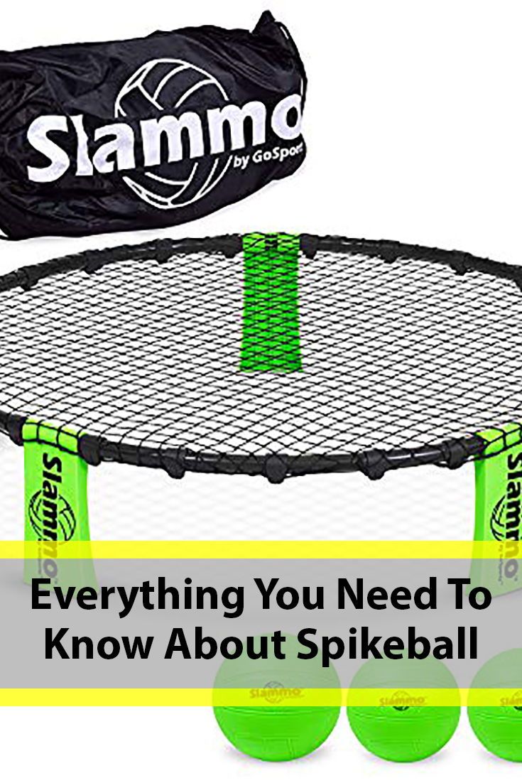 three green balls sitting on top of a trampoline with the words, everything you need to know about spikeball