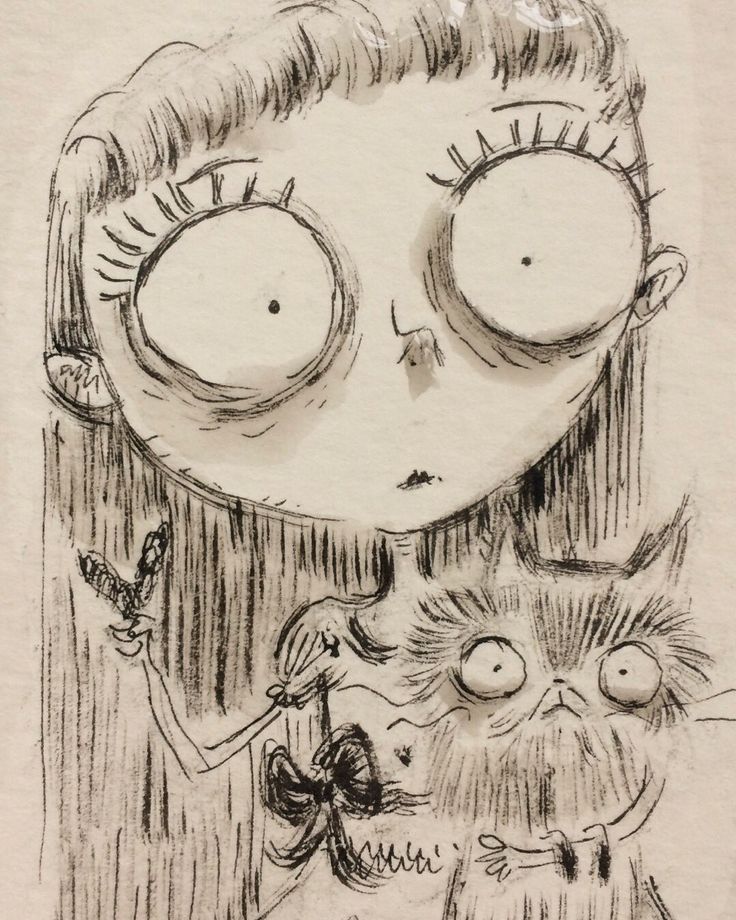 a drawing of a girl with big eyes next to a cat and a bird in the rain