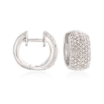 Diamond Accent Huggie Hoop Earrings in Sterling Silver. 3/8" Diamond White Pave Huggie Earrings, Diamond White Huggie Earrings With Pave Setting, Classic Huggie Earrings With Diamond Accents, Fine Jewelry Huggie Earrings With Pave Setting, Sterling Silver Huggie Earrings For Anniversary, Classic Diamond White Huggie Earrings With Pave Setting, Diamond White Huggie Earrings, Silver Huggie Earrings For Anniversary, Everyday Hoop Diamond Earrings With Pave Setting