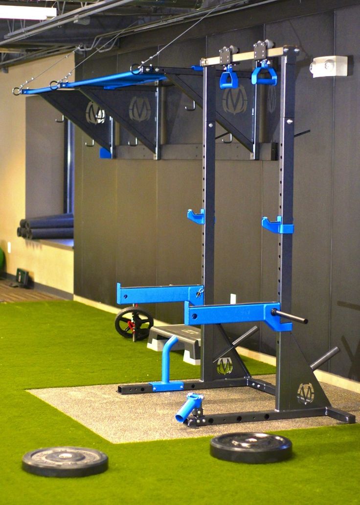 an indoor gym with equipment and artificial turf in the background, including one squat machine