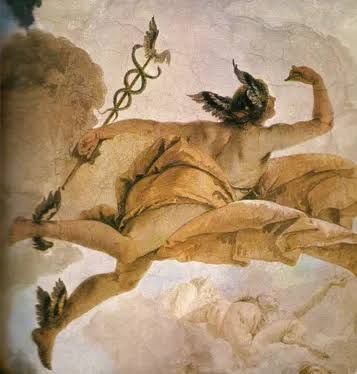 an artistic painting of a woman flying through the air with two birds on her back