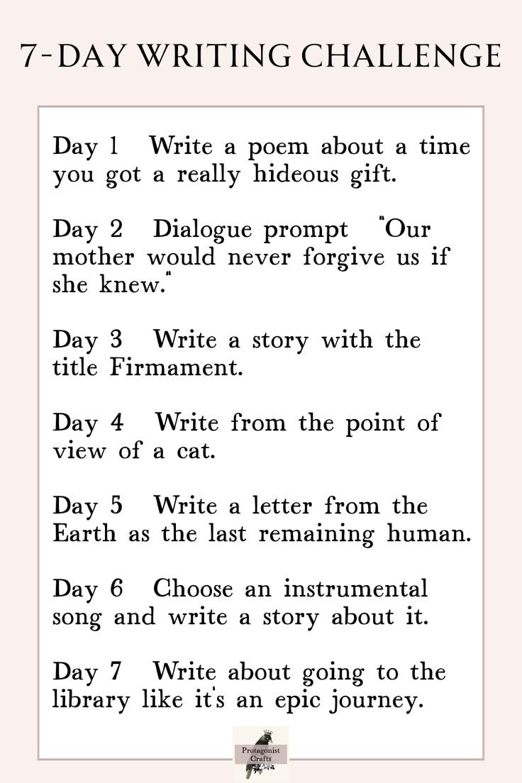 the 7 day writing challenge is shown in pink and white, with text overlaying it