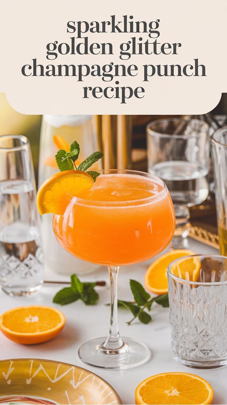 Elegant glass of orange champagne punch garnished with an orange slice and mint. Champagne Punch For A Crowd, Champagne Punch Recipes, Champagne Punch, Punch Ideas, Glitter Champagne, Party Starters, Punch Recipe, New Year's Eve Recipes, Martini Recipes