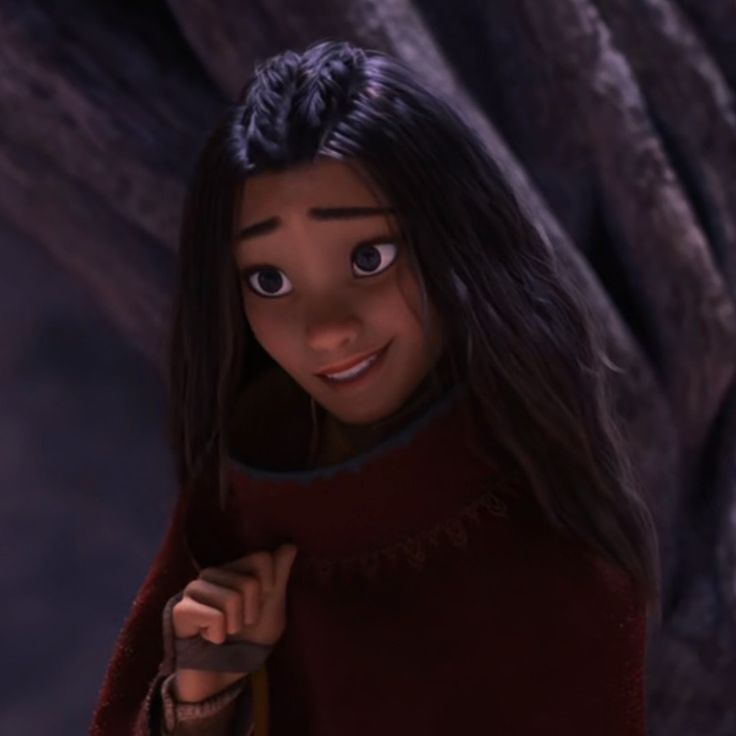 an animated character with long dark hair wearing a red sweater and holding a brown bag