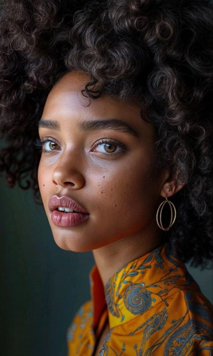 a woman with curly hair and hoop earrings on her head, looking off to the side