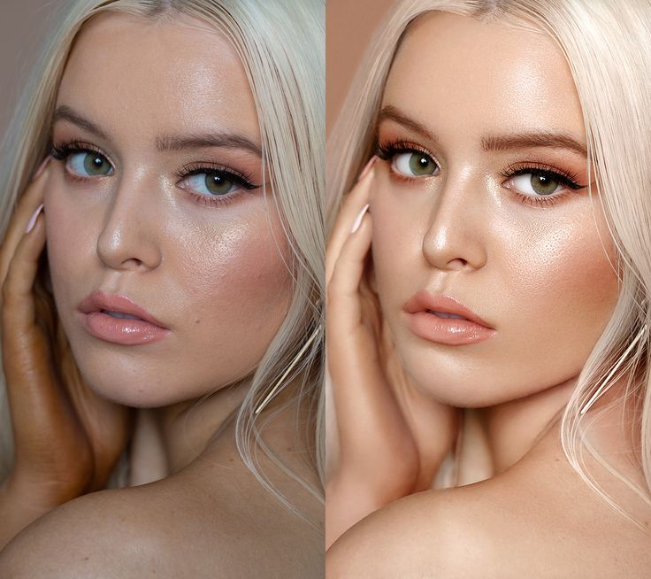 before and after photos of a woman's face with light blonde hair, blue eyes and pale skin