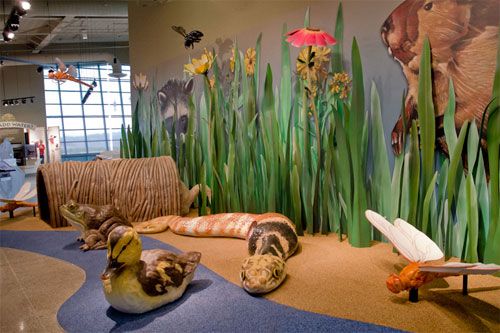 an exhibit with stuffed animals and plants on the wall, along with other fake grass