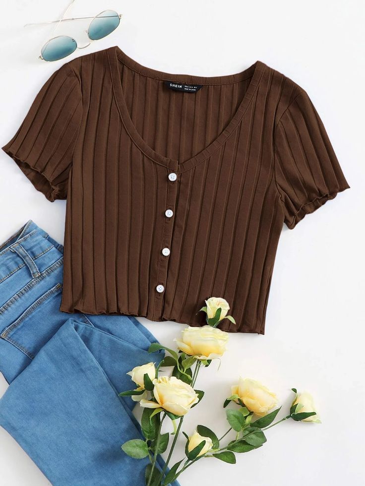 Shein Crop Top Outfit, Baju Crop Top, Shein Tops Shirts, Cute Shein Tops, Shein Crop Tops, Cropped Shein, Rib Knit Crop Top, Blusas Crop Top, Rib Crop Top