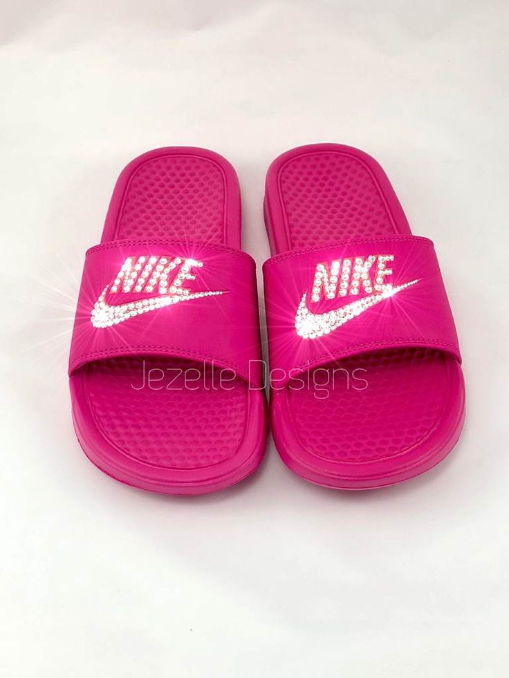 Hot Pink Bling Slides Nike Sliders, Custom Nike Slides, Nike Slide Sandals, Crystal Types, Swarovski Nike, Nike Slippers, Summer Slides, Nike Sandals, White Nike Shoes