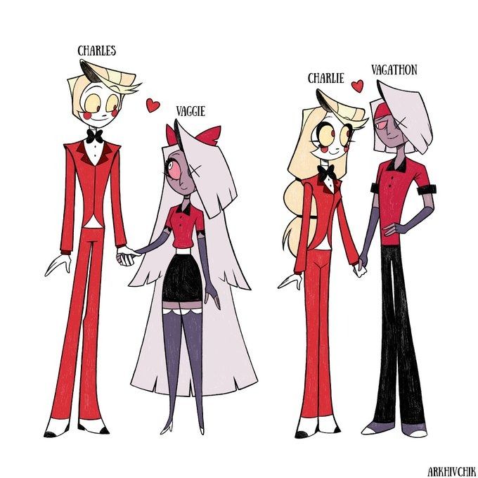 three cartoon characters are dressed in red and black outfits, one is wearing a cat costume