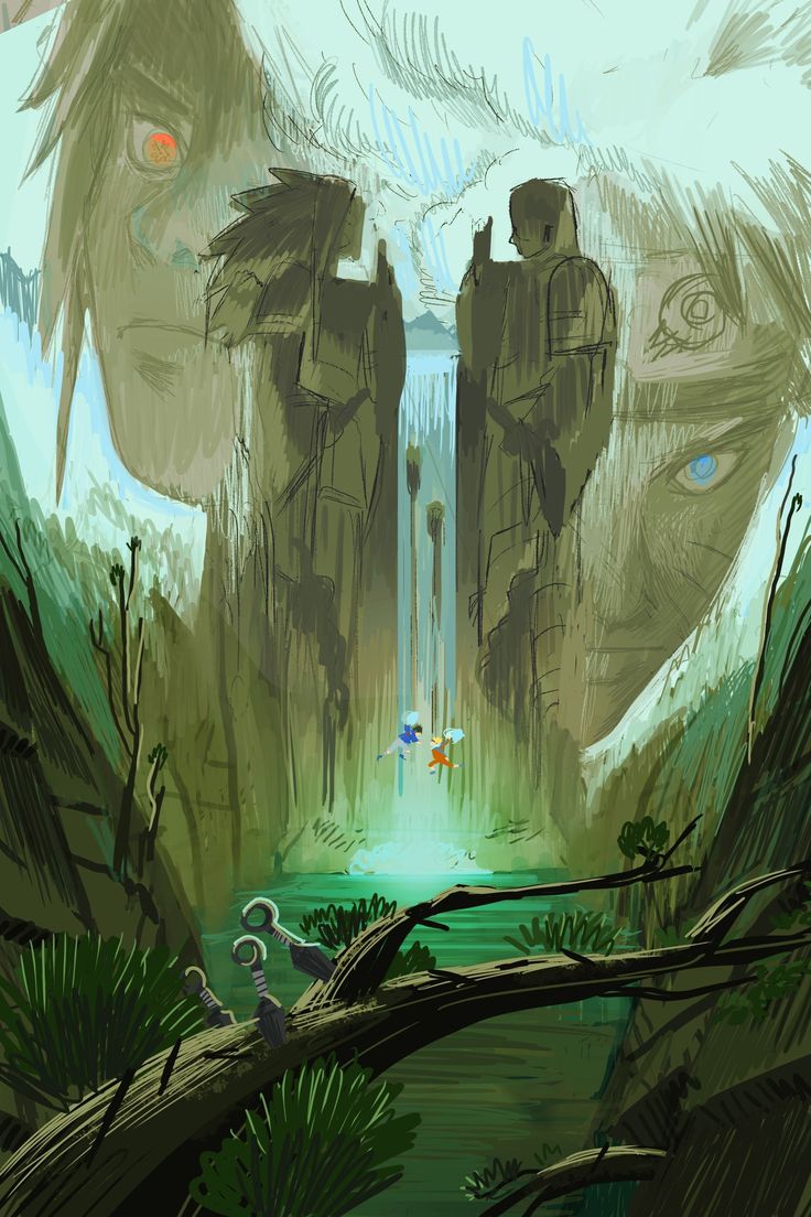 an illustration of two people standing in the middle of a forest with waterfalls and trees