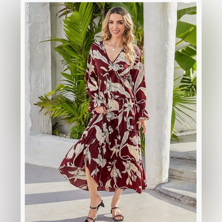 Sz Small New With Tags Burgundy Floral Print Dress For Spring, Bohemian Burgundy Dress For Fall, Chic Burgundy Maxi Dress For Fall, Burgundy Long Sleeve Dress For Spring, Casual Red Maxi Floral Dress, Red Maxi Dress For Fall Vacation, Burgundy Floral Print Summer Dress, Chic Red Floral Dress For Brunch, Flowy Red Midi Dress For Fall