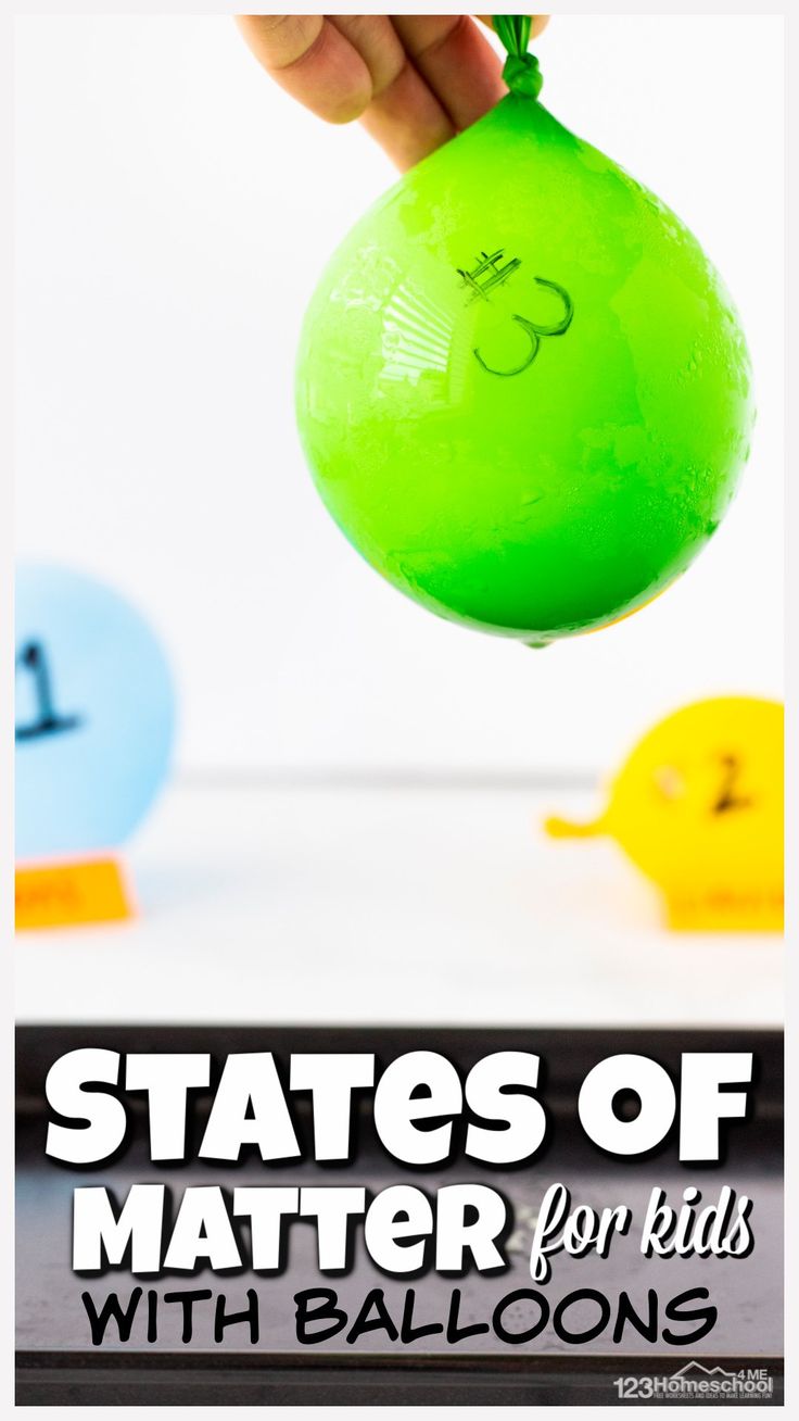 a hand holding a balloon with the words states of matter for kids with balloons on it