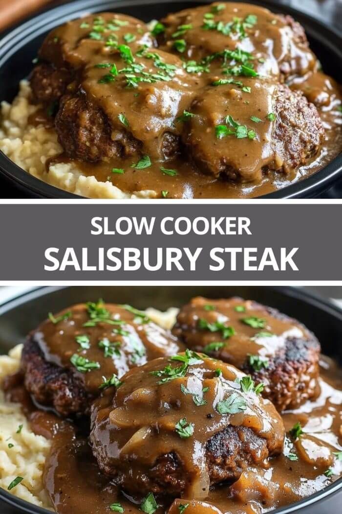 slow cooker salisbury steak with gravy on top and mashed potatoes in the bottom