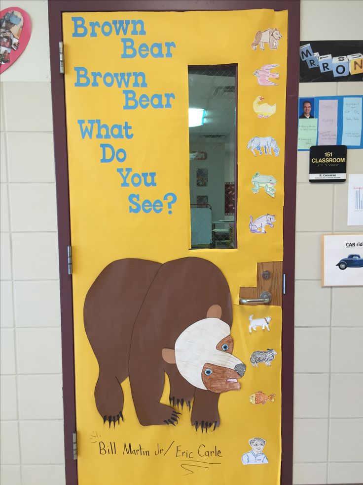 a bulletin board with an image of a brown bear