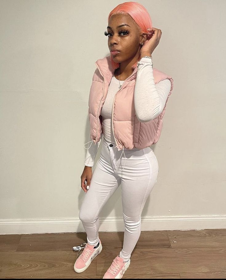 Pink And White Outfit Ideas Black Women, Bubble Vest Outfit, White Forces Outfit, Pink Vest Outfit, Pink And White Outfit, Forces Outfit, White Forces, Bubble Vest, Family Photoshoot Outfits