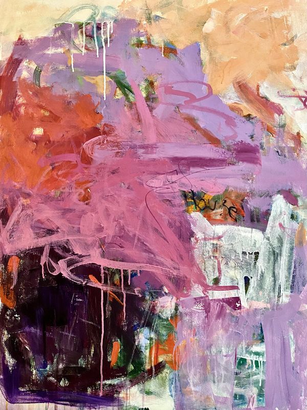 an abstract painting with pink and purple colors