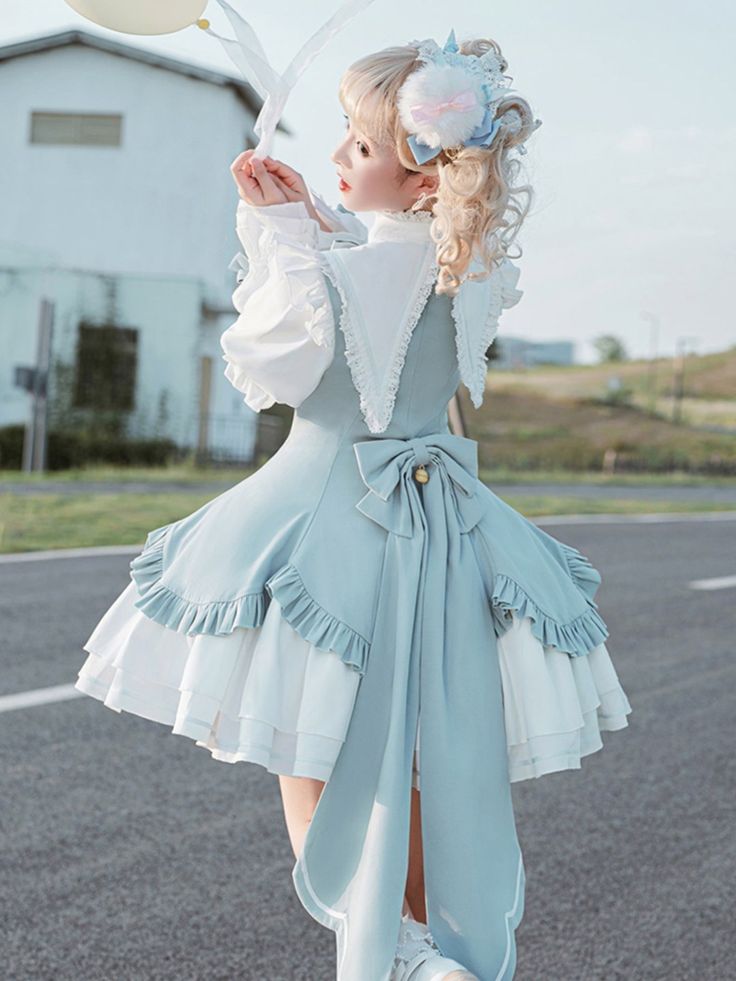 Women’s Kawaii Cosplay Lolita Long Sleeve Dress Fairy Kei Dress For Costume Party, White Fitted Kawaii Cosplay Costume, Kawaii White Fitted Cosplay Costume, White Anime Costume For School, White Anime Style School Costume, White Anime School Costume, White Harajuku School Costume, White Fairy Kei Dress For Cosplay, Kawaii Anime Print Cosplay Costume