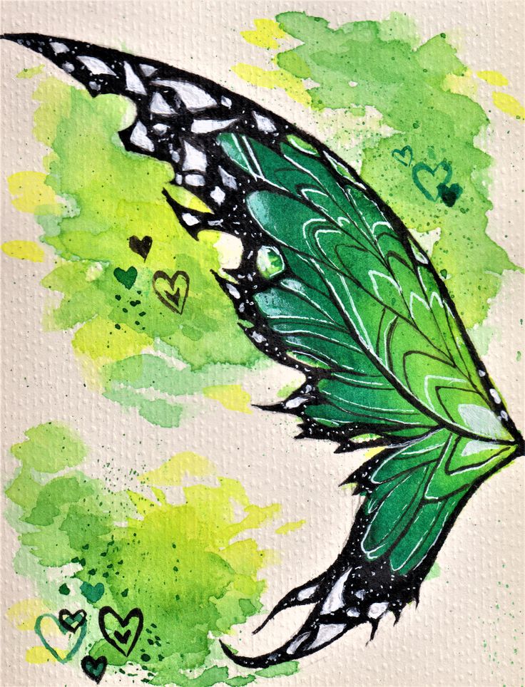 a painting of a green butterfly with hearts on it's wings and the words love written