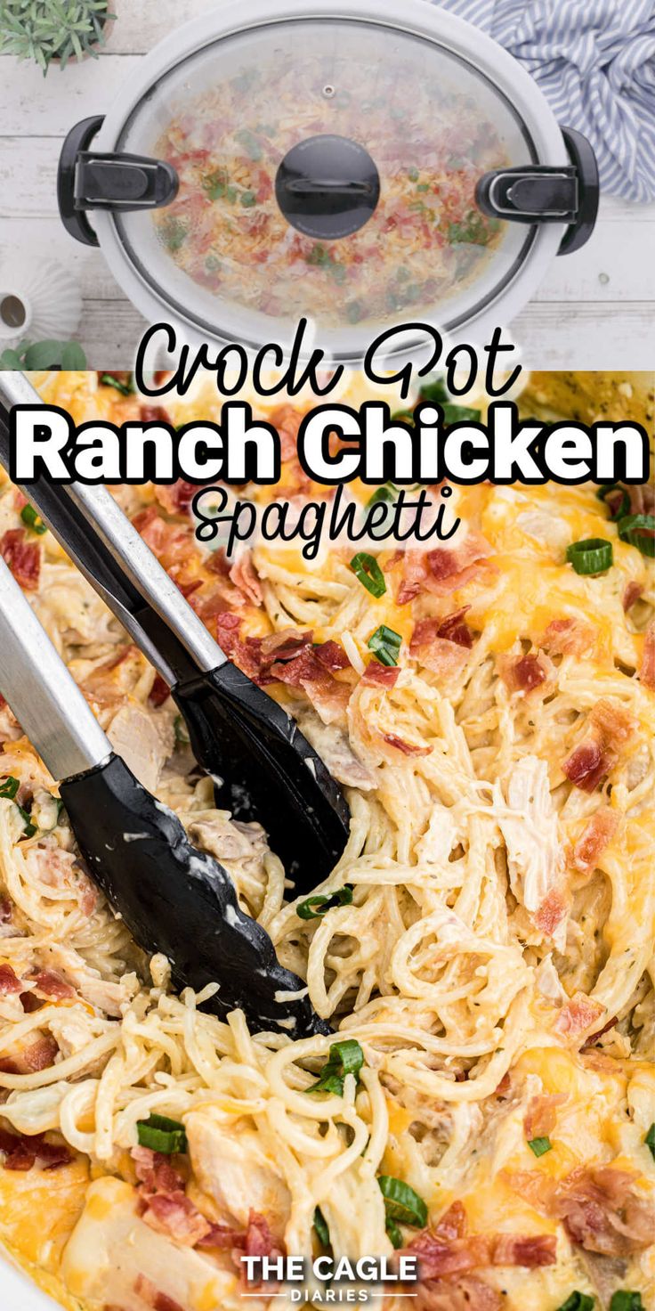 the crock pot ranch chicken spaghetti is ready to be cooked