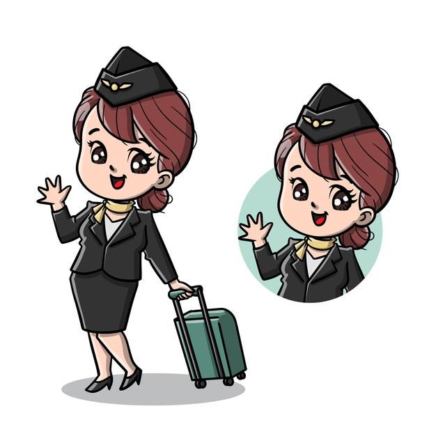 a woman in uniform holding a suitcase and pointing to the side with her hand up