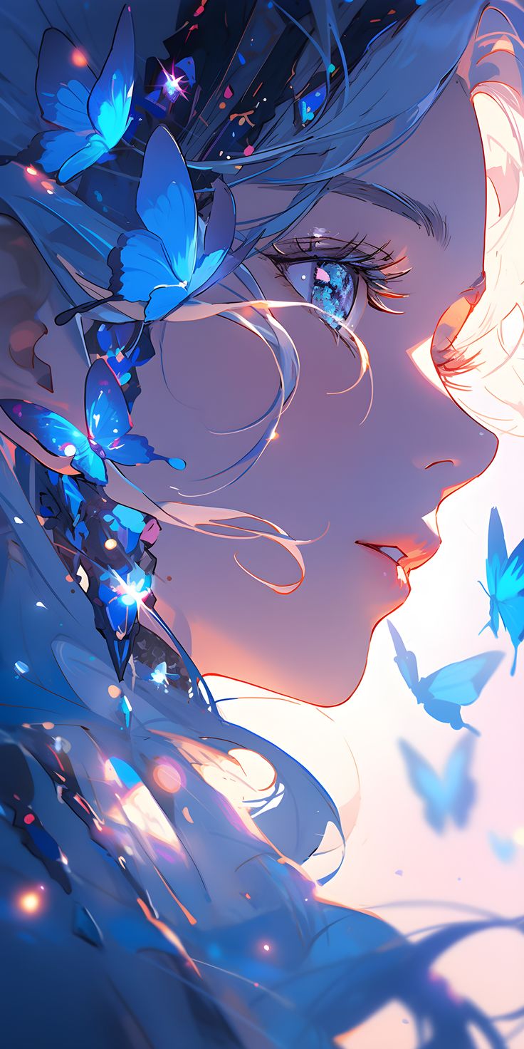 a girl with blue butterflies on her head looking at something in the distance, while she's staring into the distance