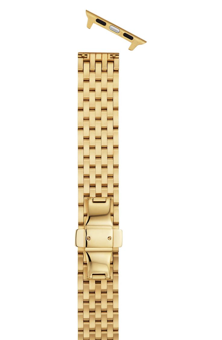 Upgrade your Apple Watch with this luxe seven-link bracelet made from stainless steel in polished goldtone plate for an air of classic sophistication. Apple Watch not included 20mm band width Includes two interchangeable endpieces compatible with all 38mm-49mm Apple Watch styles Stainless steel/goldtone plate Imported Classic Gold Watch Bands With Stainless Steel Clasp, Modern Gold Watch With Solid Link Construction, Elegant Gold Stainless Steel Apple Watch Band, Gold Stainless Steel Apple Watch Band With Extender, Modern Gold Watch Band With Stainless Steel Clasp, Yellow Gold Stainless Steel Watches With Bracelet Strap, Luxury Yellow Gold Stainless Steel Watch Accessories, Classic Gold Apple Watch Band With Polished Finish, Classic Gold Polished Apple Watch Band