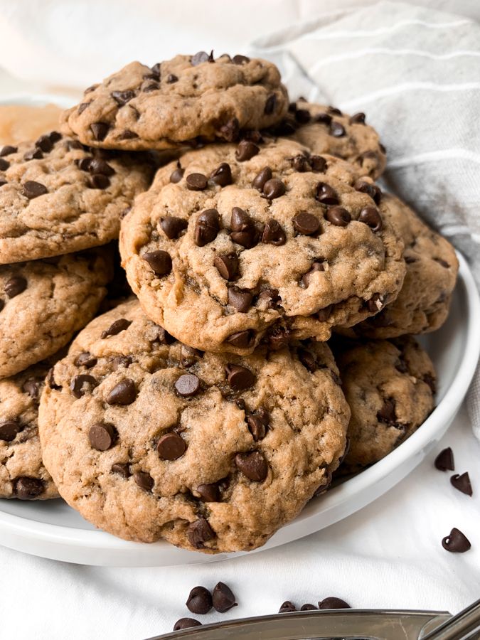 chocolate chip cookies on a white plate