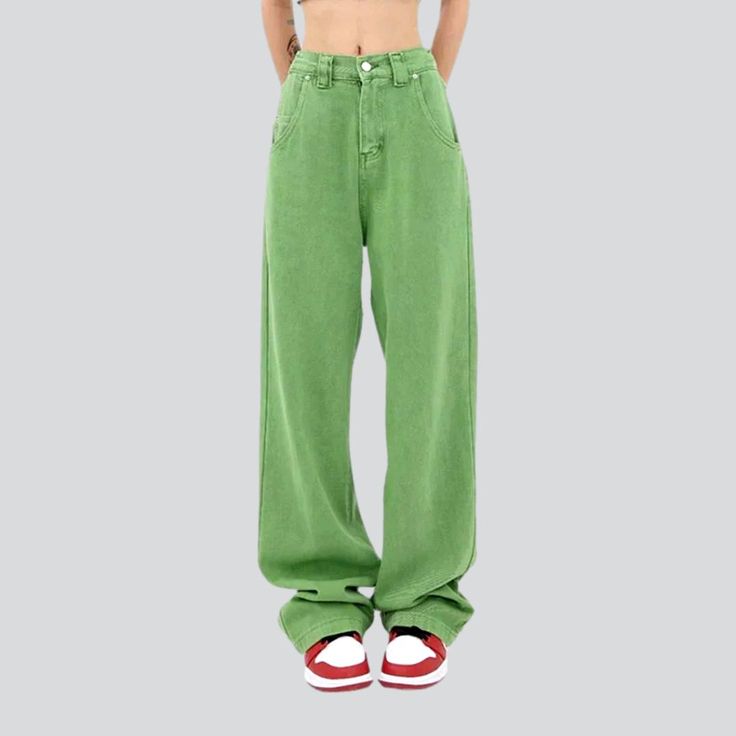 Introducing our light green y2k mode women's denim pants from the 2023 Spring-Summer Collection. These high-waisted, free pants feature a button and zipper closure that bring together the perfect balance of retro and today's fashion. With their luxe denim fabric and effortless style, these pants will be the perfect statement piece for any summer soiree!Distinctive Features: Y2K Style: Our pants feature a classic y2k style that will bring a timeless sophistication to your wardrobe. Light Green Co Denim Pants Outfit, Wardrobe Light, Free Pants, Green Y2k, White Jeans Men, Yellow Denim, Oversized Jean Jacket, Denim Pants Women, Summer Soiree