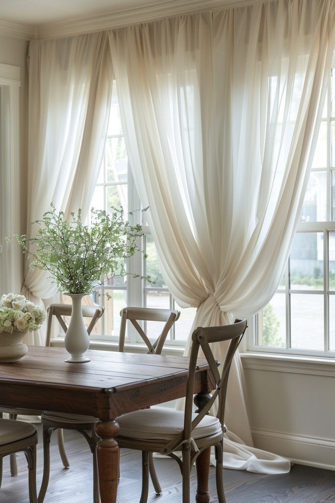 a dining room table and chairs in front of a window with white drapes on the windowsill