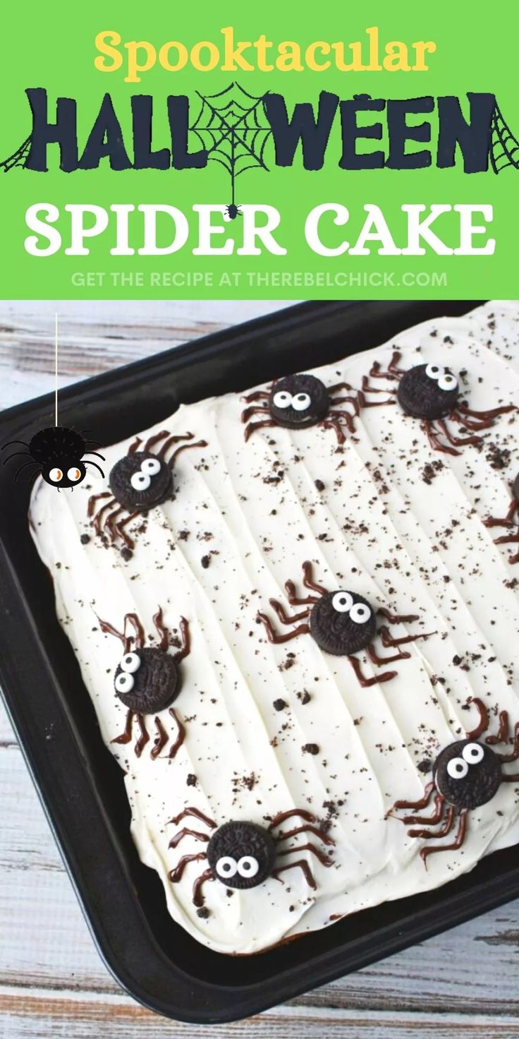 halloween spider cake with white frosting and chocolate sprinkles on top, in a black pan