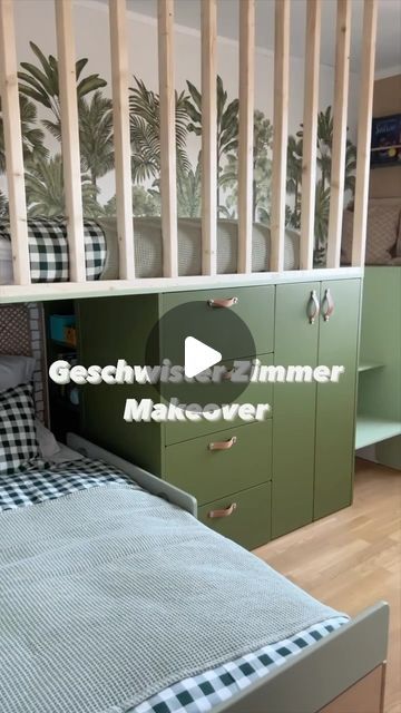 there is a bunk bed in the room with green drawers and checkered bedspread