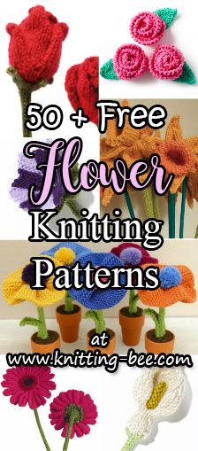 crochet flower knitting patterns with text overlay that reads, 50 + free flower knitting patterns