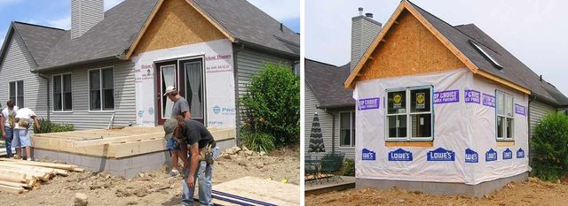 two pictures side by side with people standing in front of a house under construction