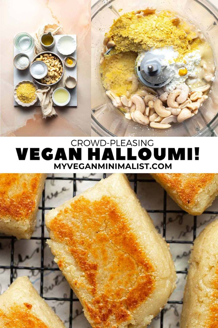 the ingredients to make vegan halloum in a food processor and on a wire rack