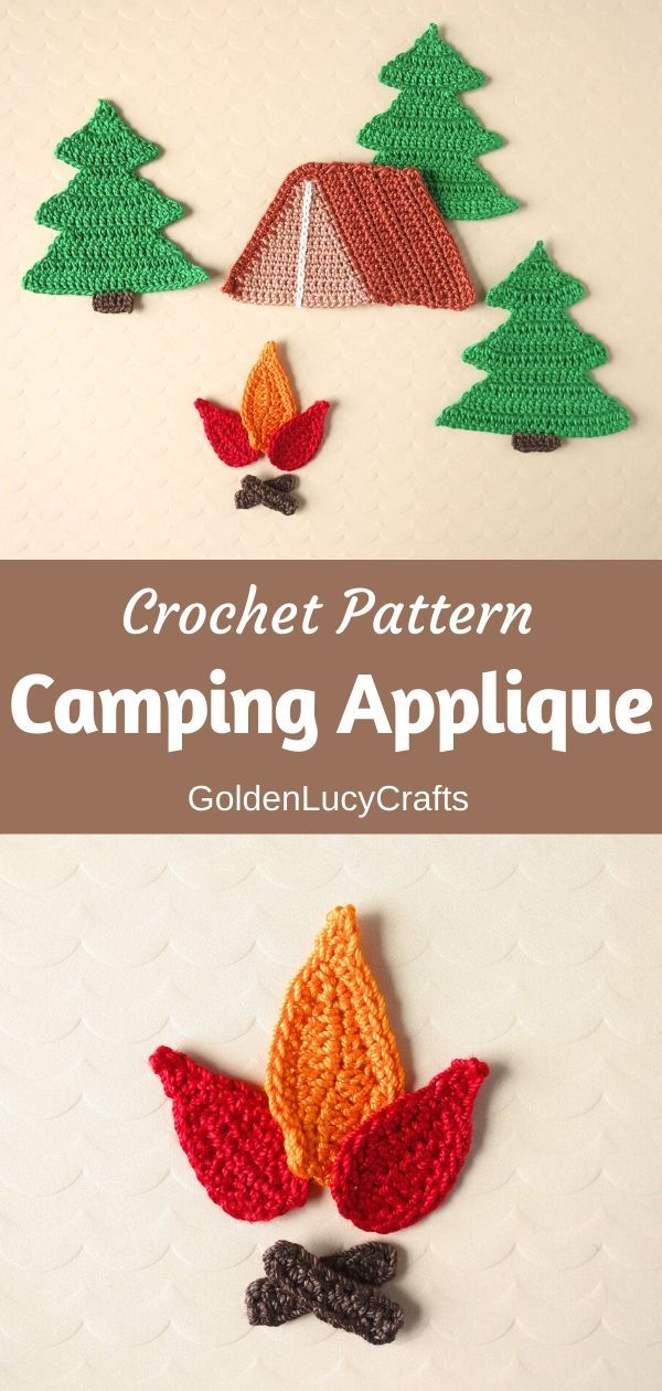 crochet pattern for camping applique with trees and camper in the background